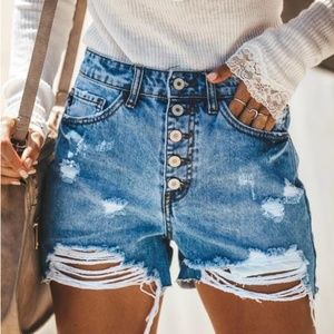 VICI HOT MAMA HIGH RISE DISTRESSED DENIM SHORTS